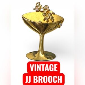 Vintage JJ Champagne Glass Pin Brooch Gold MINT